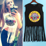 2 Colors Sexy Hot T Shirt Women GUNS N ROSES Print Crop Top T-shirt Women Cropped Tops Tassel Hollow Out Sleeveless  Tee Shirt