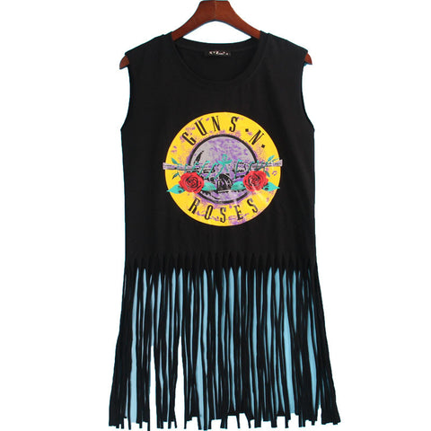 2 Colors Sexy Hot T Shirt Women GUNS N ROSES Print Crop Top T-shirt Women Cropped Tops Tassel Hollow Out Sleeveless  Tee Shirt