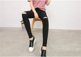 2016 High Elastic Fashion Cotton Womens Black High Waist Torn Jeans Ripped Hole Knee Skinny Pencil Pants Slim Capris For Women
