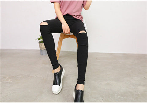2016 High Elastic Fashion Cotton Womens Black High Waist Torn Jeans Ripped Hole Knee Skinny Pencil Pants Slim Capris For Women