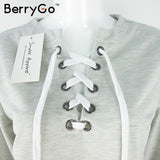 BerryGo Gray lace up ladies sweatshirt women Autumn crop top long sleeve girl v neck hoodies sweatshirt warm casual female tops