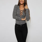 Lace up V Neck Top Lady Sexy Knitted Tops Pullover Cross Lace Up Long Sleeve T Shirt