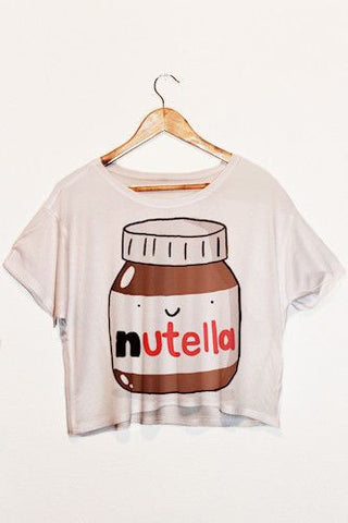 Lei-SAGLY 2016 Nutella Print White Crop Tops Summer Short Sleeve T shirts Harajuku Fitness Women Fashion Kawaii T-shirt F1003