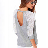 New 2016 Spring Autumn Women Backless Embroidery Lace Casual Hoodies Long Sleeve Sweatshirts Ladies