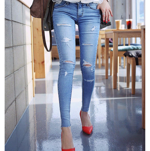 New Fashion 2015 Blue Wash Skinny Hole Jeans Women Plus Size Thin Elastic Slim Ripped Jeans For Women Pencil Pant 26-31