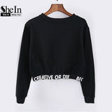 SheIn 2016 Women's Casual Pullovers Fashion Tops Round Neck Long Sleeve Black Letters Printed Cropped Sweatshirt