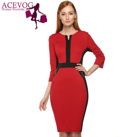 ACEVOG Brand Women Sheath Pencil Dress Fashion Patchwork Zipper Elegant Slim Bandage Bodycon Office Dresses Ladies Summer Autumn