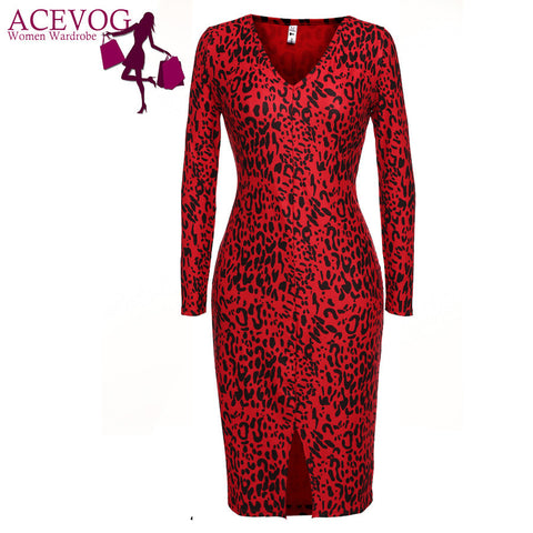 ACEVOG Women Bandage Bodycon Dress Sexy vestidos 2016 Lady Elegant Spring Summer Leopard V-Neck Long Sleeve Stretch Pencil Dress