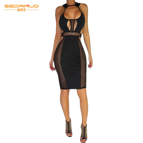 2016 New European Fashion Women Sexy Knee Length Black Bodycon Celebrity Casual Dress Backless Hollow Out Bandage Dress