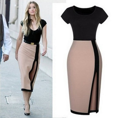 OL Split Pencil Dress O-neck Elegant Formal Dresses Sexy Partchwork Ladies Bodycon Bandage Dress Plus Size Clothing Oversized