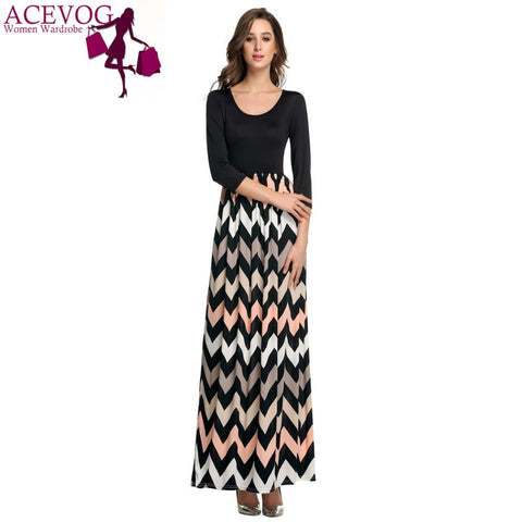 ACEVOG Women Maxi Long Dress Waving Striped Contrast Color Summer Autumn Casual Dress 3/4 Sleeve Orange/Black Big Size S-XXL