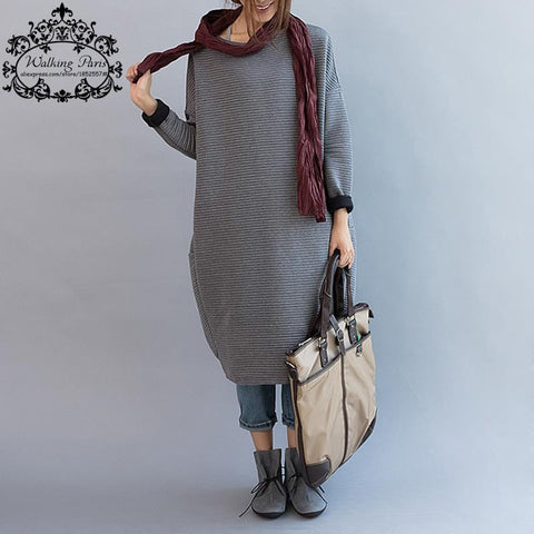 Plus Size New  Women's Autumn Dress Casual Cotton T-Shirt Loose Lady Clothing Long Sleeve Striped Print Knitting  Big Size Dress