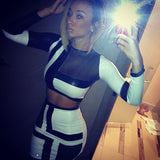 Sexy Dress Club Wear Womens Celebrity Mini 2 piece Bodycon Dress Patchwork Party Bandage Dresses Long Sleeves Bodysuit Dress 473