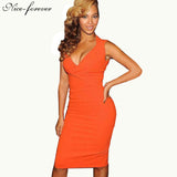 Nice-forever Sleeveless Summer  women Sexy V-Neck Fashion Bandage Pencil Women Work Knee-Length Party Bodycon Casual Dress 714