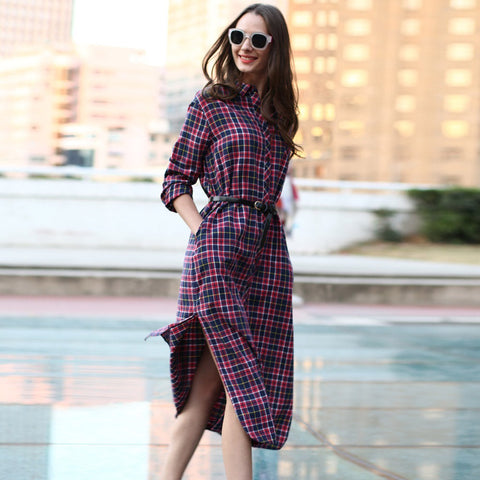 Veri Gude Long Plaid Shirt Dress Long Sleeve Women Cotton Long Shirtdress for Autumn