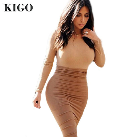 KIGO Women Two Piece Outfits Kim Kardashian Dress Khaki Midi Long Sleeve Dresses Sexy Bodycon Bandage Dress Vestidos A2057