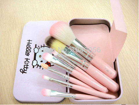 Hot sale Hello Kitty 7 pcs Mini Makeup brush Set cosmetics kit make up tools for eyeshadow blush with Metal box.