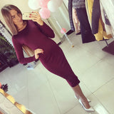 2016 Cotton Long Sleeve Knee Length Midi Dress Slim Bodycon Bandage Autumn Black Wine Red Women Dresses Bandage Q0001