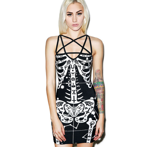 Skeleton Print Gothic Dress Bone Punk Party Short Bodycon Bandage Women Dress Rockabilly Halloween Dress Sexy Club Dress 2016