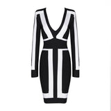 Free Shipping Bandage Dresses for Women 2016 Sexy Deep v Neck Black and White Long Sleeve Graphic Print Bodycon Bandage Dress HL