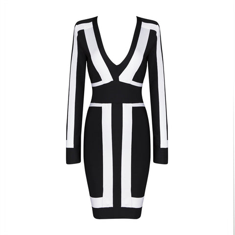 Free Shipping Bandage Dresses for Women 2016 Sexy Deep v Neck Black and White Long Sleeve Graphic Print Bodycon Bandage Dress HL