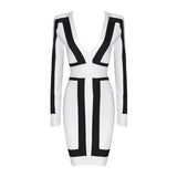 Free Shipping Bandage Dresses for Women 2016 Sexy Deep v Neck Black and White Long Sleeve Graphic Print Bodycon Bandage Dress HL