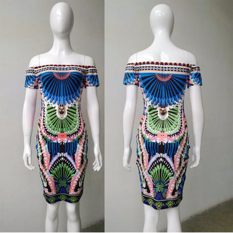 S-XXL new bohemian tribe print summer dress 2016 sexy slash neck bandage bodycon party dresses plus size women clothing