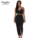 2016 Front Split Suede 2 Piece Set Women Two Piece Outfits Sleeveless Asymmetrical Summer Maxi Dress Long Bodycon Bandage Dress