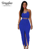 2016 Front Split Suede 2 Piece Set Women Two Piece Outfits Sleeveless Asymmetrical Summer Maxi Dress Long Bodycon Bandage Dress