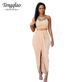 2016 Front Split Suede 2 Piece Set Women Two Piece Outfits Sleeveless Asymmetrical Summer Maxi Dress Long Bodycon Bandage Dress