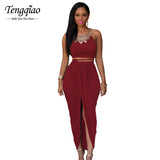 2016 Front Split Suede 2 Piece Set Women Two Piece Outfits Sleeveless Asymmetrical Summer Maxi Dress Long Bodycon Bandage Dress