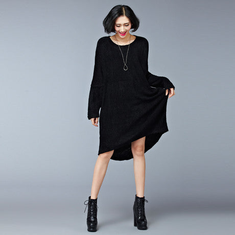 2016 Women's Sweater Dress Winter Autumn Terry Keep Warm Short in Front Long in Back Knee Length Casual Dresses(R.Melody DS0165)