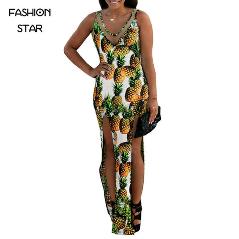 Hot Sale New Arrival Designer V Neck Sleeveless Sexy Pineapple Printing Slit Dresses Vogue Mesh Bandage Party Long Dresses
