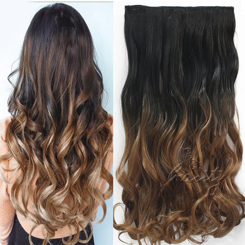 Women Fashion 24inch 60cm One Piece Clip in Hair Extention Ombre Colored Wavy Hair Extensions Natural Black to Dark Brown B40