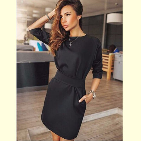 New arrival 2016 Autumn Fashion Women Black dress runway elegant ukraine plus size two side pocket women clothing