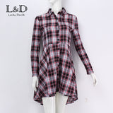 New 2016 Preppy Style Women Summer Autumn Dress Sexy 3/4 Sleeve Red Plaid Print Office Shirt Cardigan Dresses Work Wear DR5985