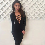 Plus Size S-XXL Women Autumn Winter Long Sleeve V Neck Bandage Dress 2015 Sexy Club Midi Pencil Bodycon Party Dresses Vestido