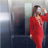 Plus Size S-XXL Women Autumn Winter Long Sleeve V Neck Bandage Dress 2015 Sexy Club Midi Pencil Bodycon Party Dresses Vestido