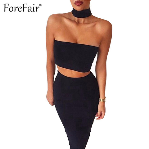 2 Piece Set Summer Dress 2016 Black White Strapless Sexy Bandage Bodycon Party Dresses Sleeveless Halter Dress Women Off Shouder