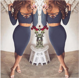 New women sexy hollow out bandage bodycon club party dresses two piece outfits long sleeve midi slim winter autumn dress