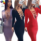 Plus Size S-XXL Women Autumn Winter Long Sleeve V Neck Bandage Dress 2015 Sexy Club Midi Pencil Bodycon Party Dresses Vestido