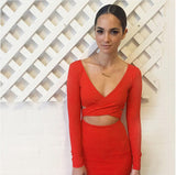 High quality 2016 Long sleeve winter women Sexy body Cross nigh club wear deep V bandage bodycon party dresses hollow out dress