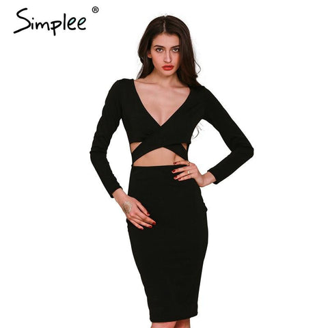 Simplee Apparel winter sexy women party knitted dress Long sleeve v neck bodycon dress Hole fall dress vestidos de fiesta