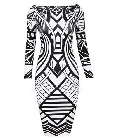 JJ New Fashion Ladies Flower Print Long Sleeve Sexy Pencil Sheath Bandage Dresses Women Elegant Elastic Party Bodycon Dress