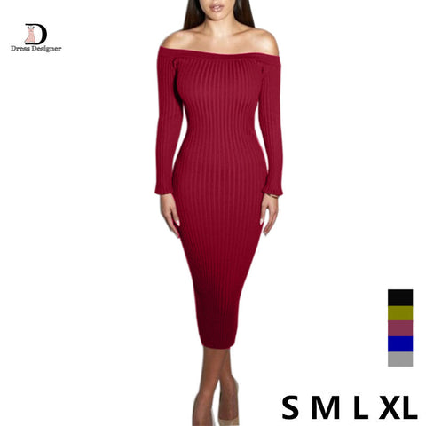 Fashion Long Sleeve Off Shoulder Slash Neck Sexy Club Women Dress Slim Bodycon Knitted Sweater Knee-Length Party Night Dresses