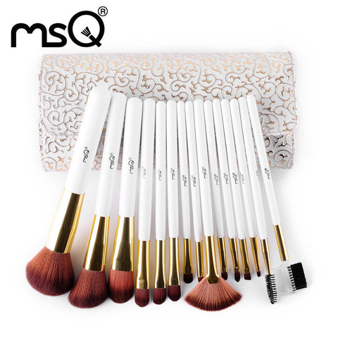 MSQ 15pcs Makeup Brushes High Quality Nylon Hair Make Up Brush Beauty Cosmetic Brush Set With Delicate White Patterns PU Case