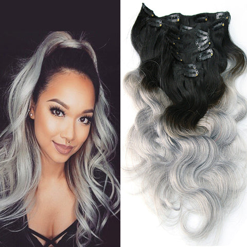 Ombre Brazilian Clip In Human Hair Extensions Body Wave Silver Grey Clip In 120G 1B/gray Ombre Clip In Hair Extensions Full Head