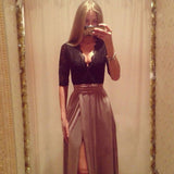 2016 New Women Autumn Dress Long Sleeve V neck Sexy Club Bandage Dress Open Front Slit Casual Maxi Long Dress With Belt