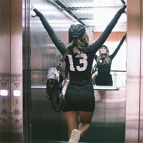 HEYounGIRL 2016 Summer Dresses Cute Letter Thirteen Print Solid Black Women Sexy Dress Vestidos Back Bandage Full Sleeve Sheath