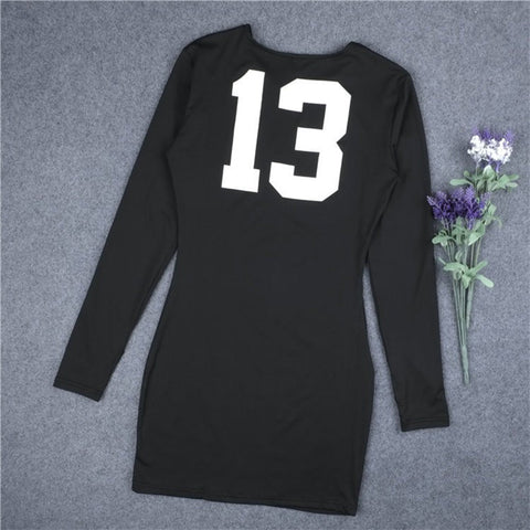 HEYounGIRL 2016 Summer Dresses Cute Letter Thirteen Print Solid Black Women Sexy Dress Vestidos Back Bandage Full Sleeve Sheath